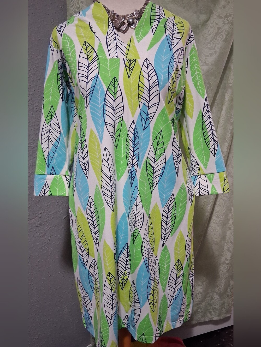 Katherine Way White Dress with Blue and Green Leaf Print